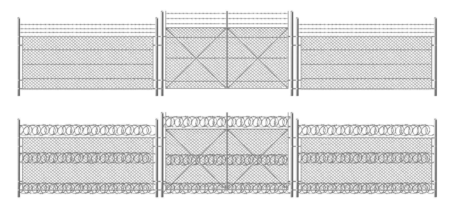 cerco de alambre de púas, rejilla con portón. tres segmentos vector