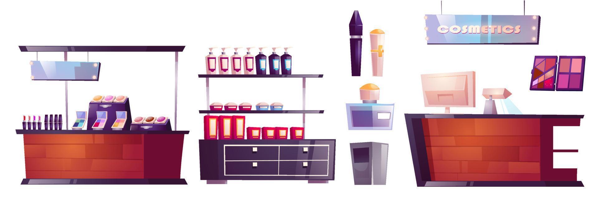 Cosmetics store interior stuff and furniture set vector