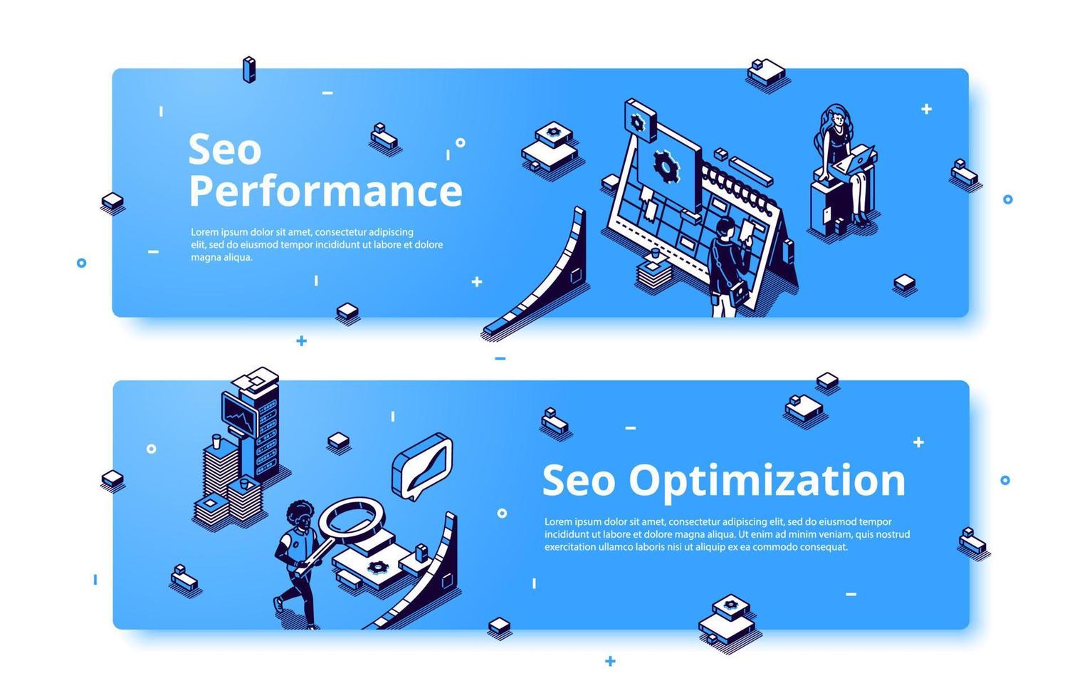 banner isométrico de rendimiento y optimización seo vector