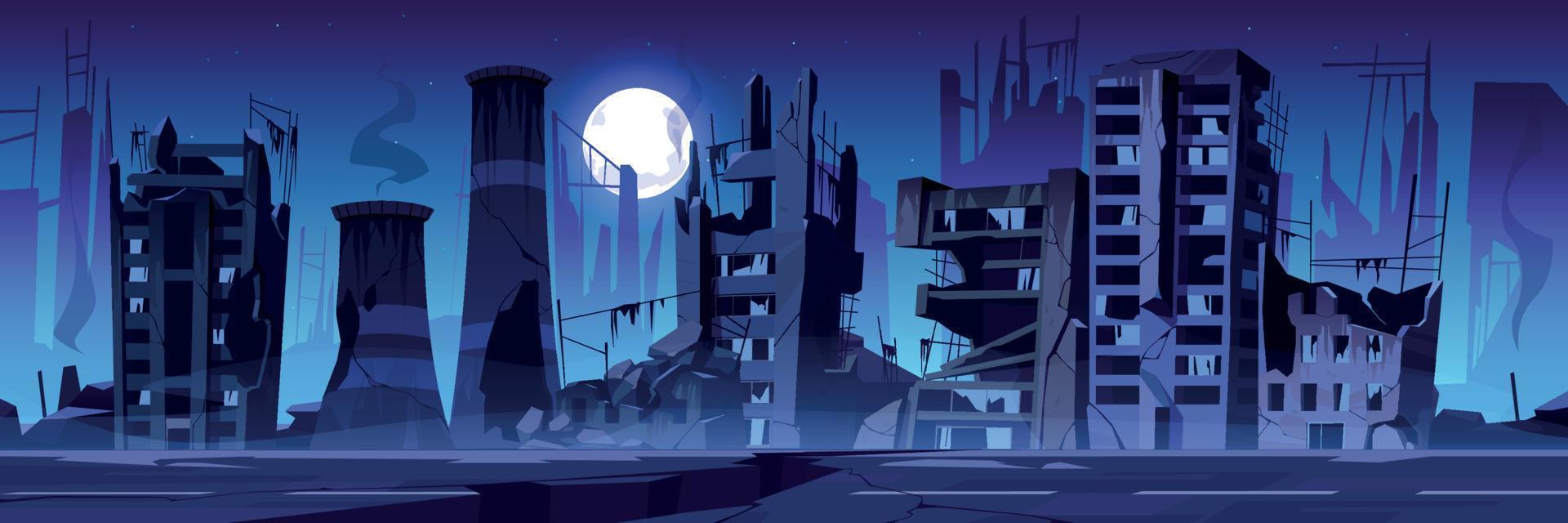 City destroy in war, abandoned buildings at night. vector