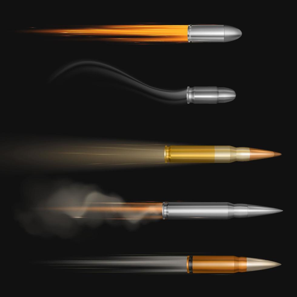 Flying bullets with fire and smoke traces set vector