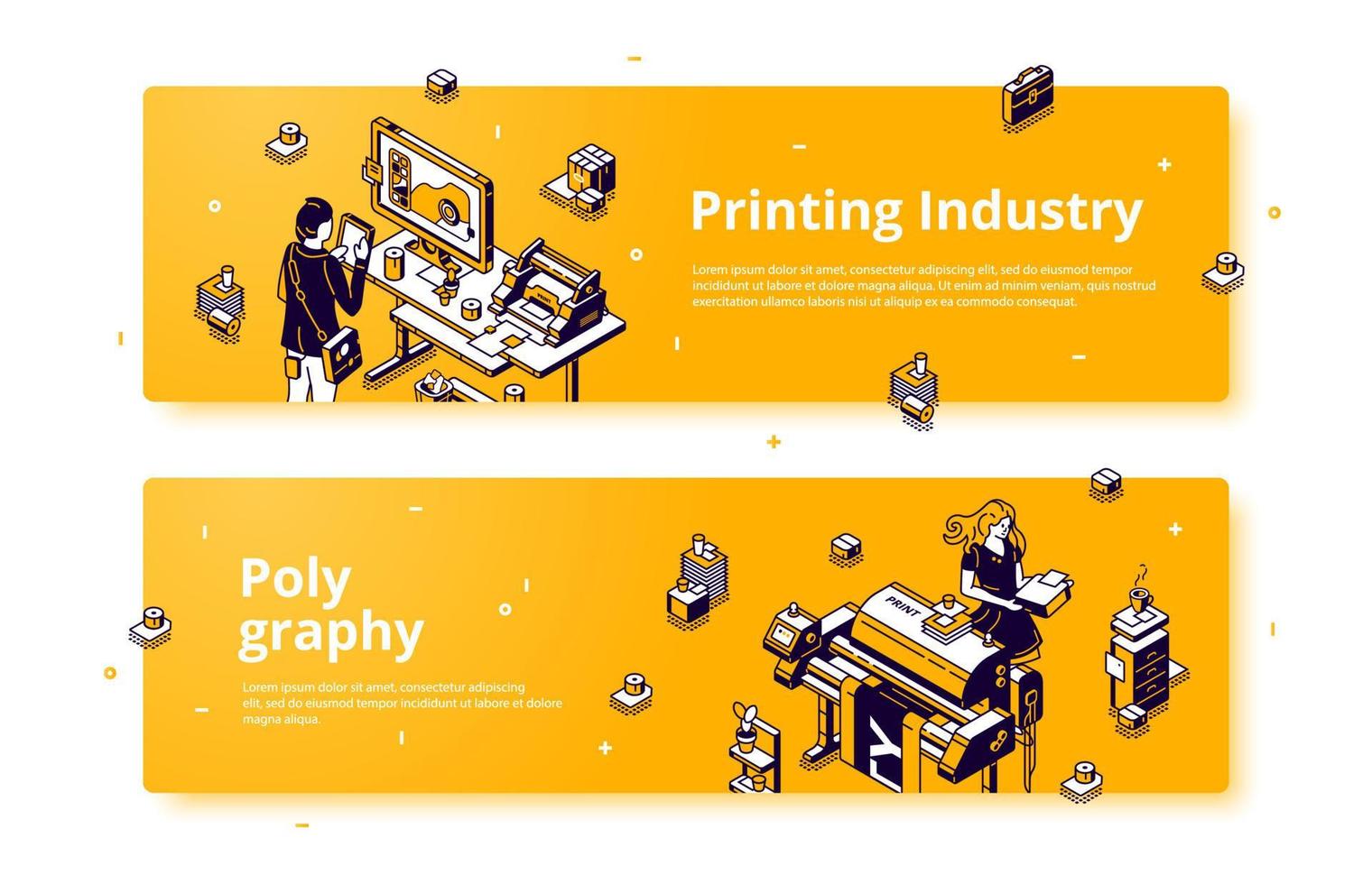 Polygraphy, printing house isometric web banner vector