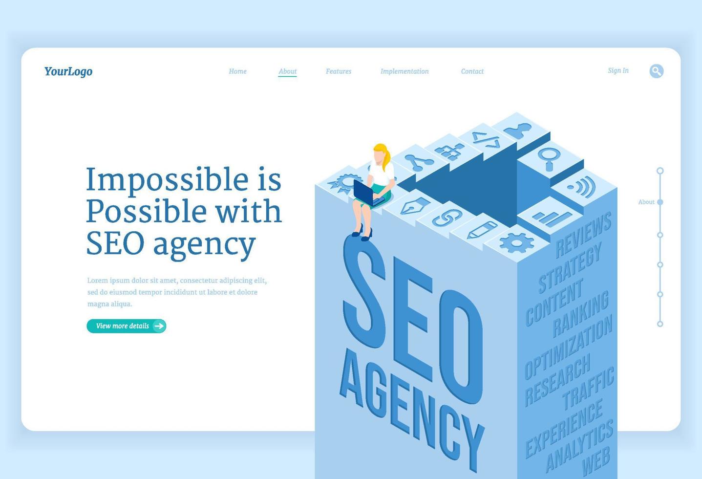 SEO agency service isometric landing page, banner vector