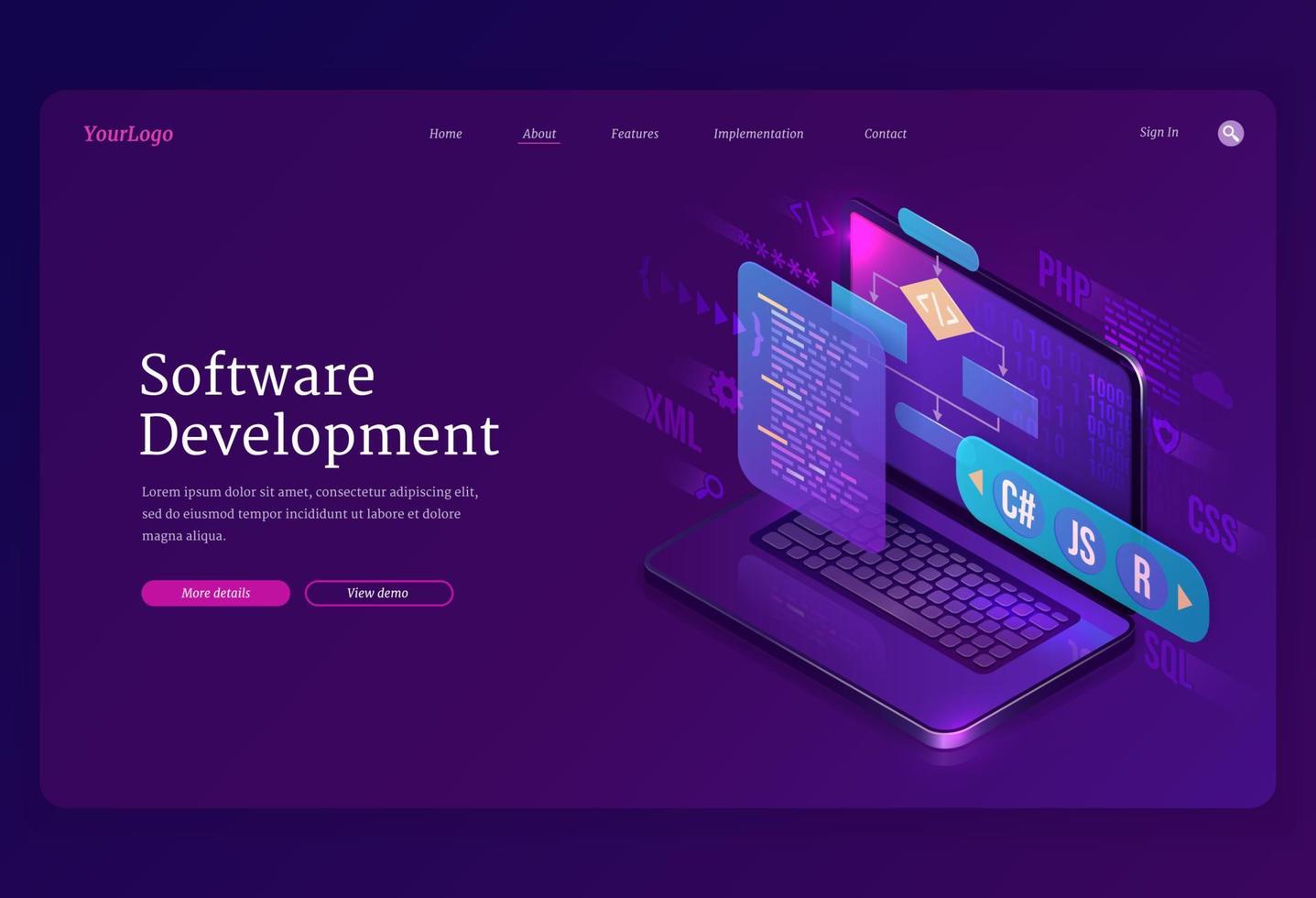 Software development, coding isometric landing vector