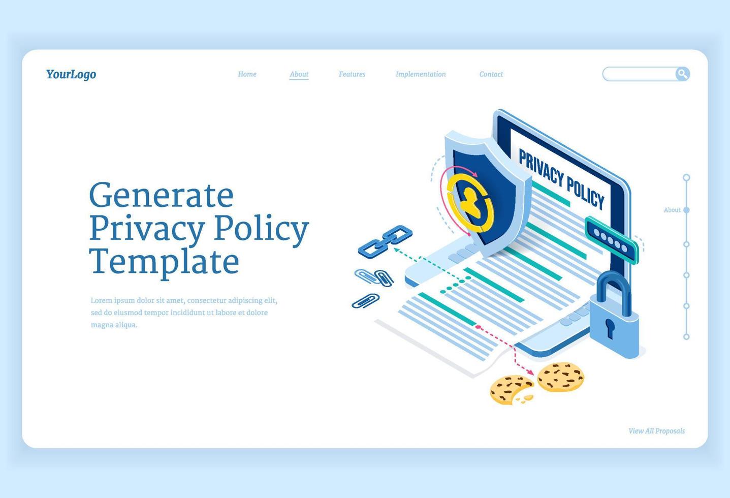 política de privacidad aterrizaje isométrico, protección de datos vector