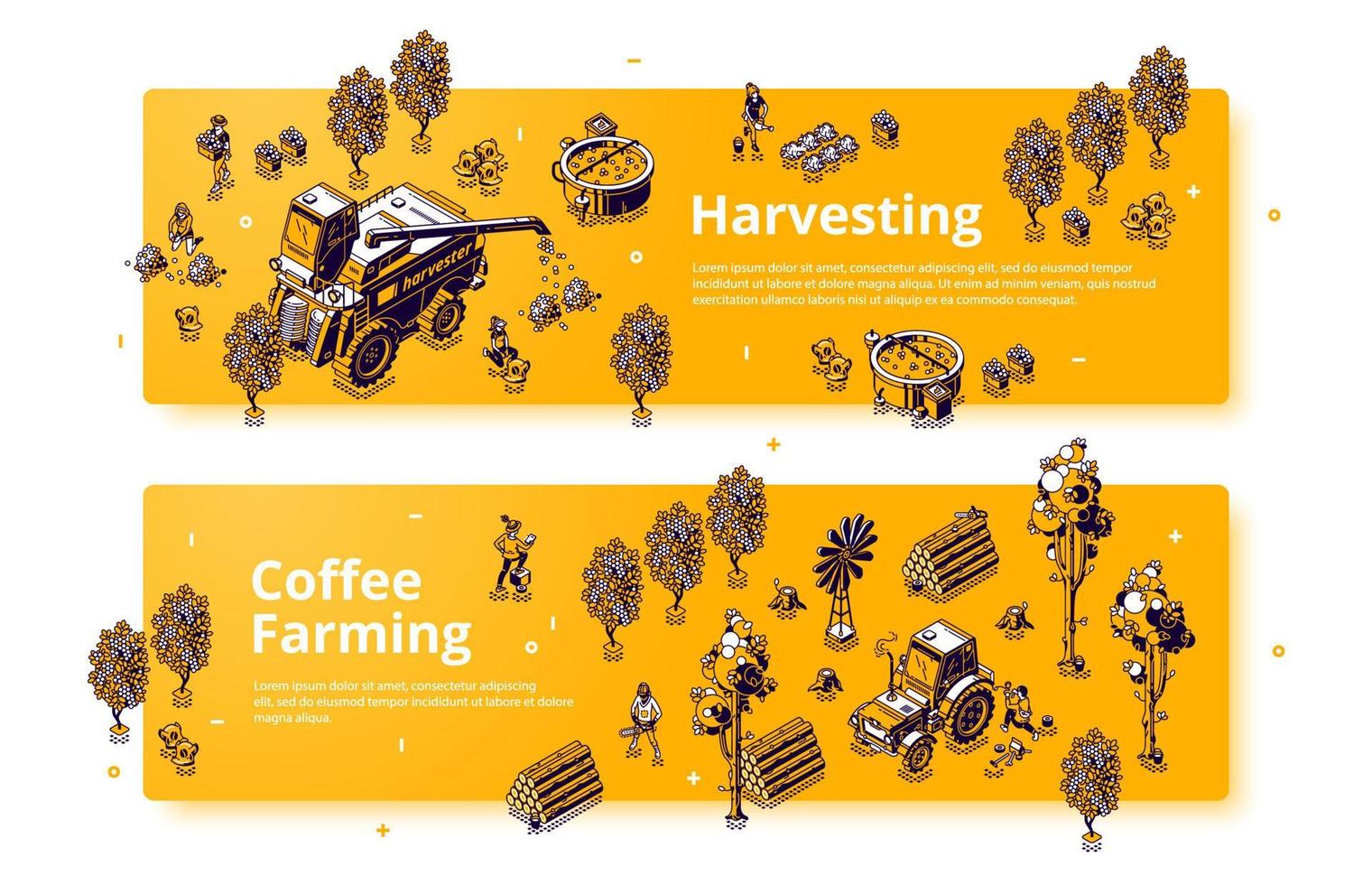 banners isométricos de cultivo y cosecha de café vector