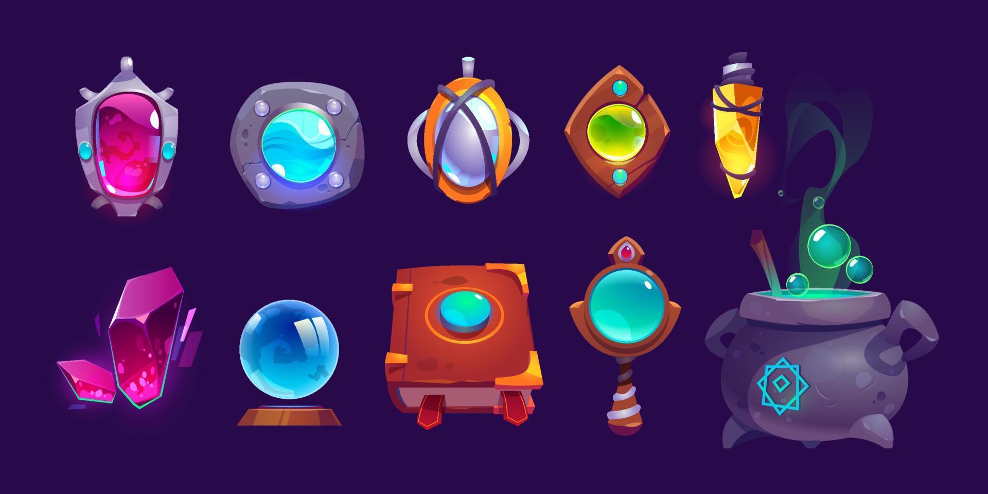 Magic amulets, crystal, book of spell and cauldron vector