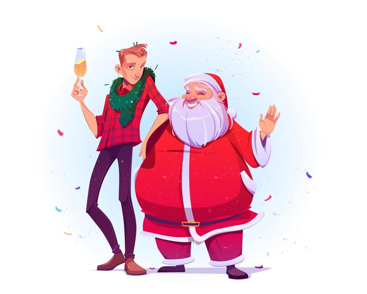 santa claus y joven con champán vector