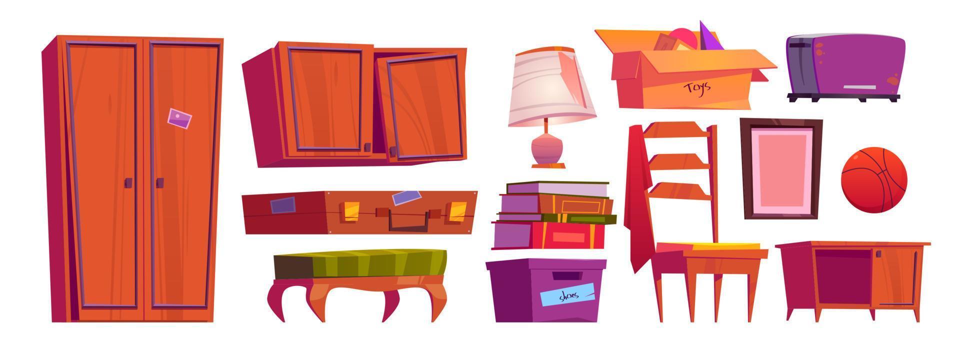 Old furniture, archive items on house attic vector