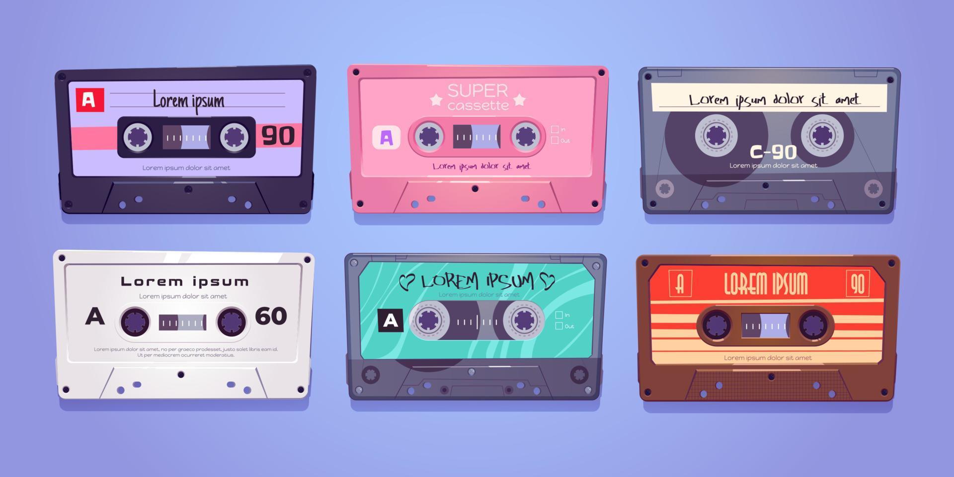 casetes de audio, cintas retro, almacenamiento de medios musicales vector