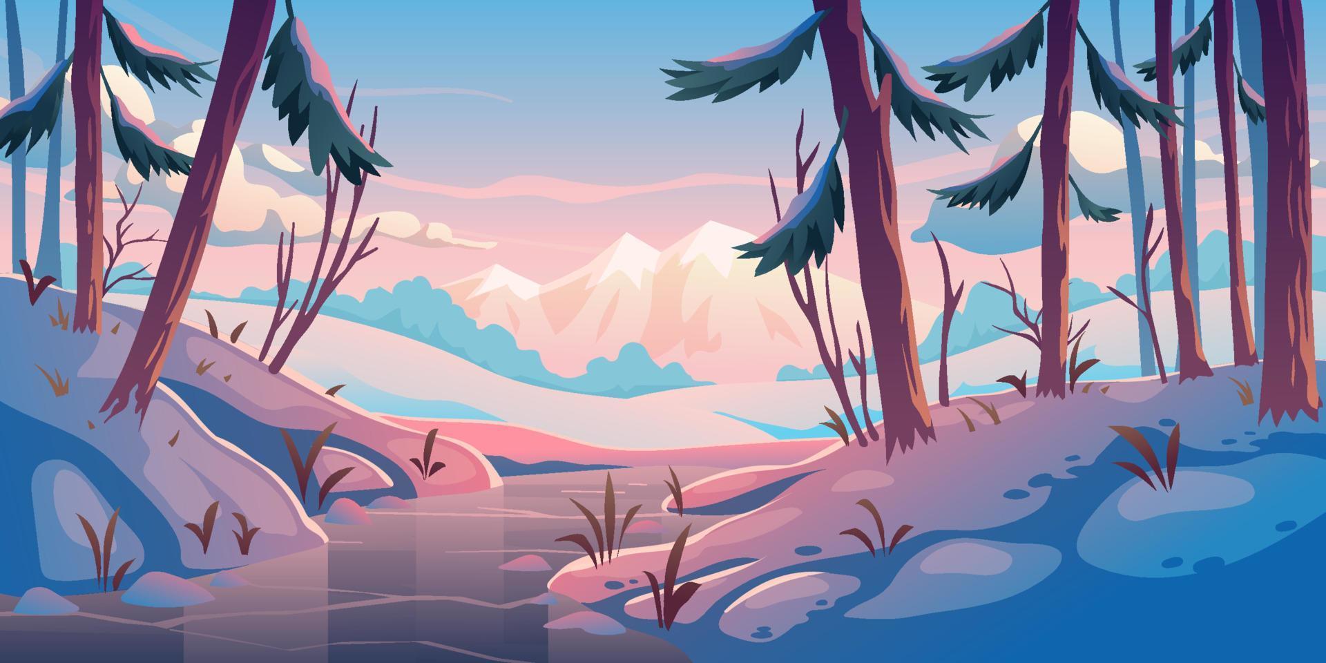 bosque de invierno con río congelado, paisaje natural vector