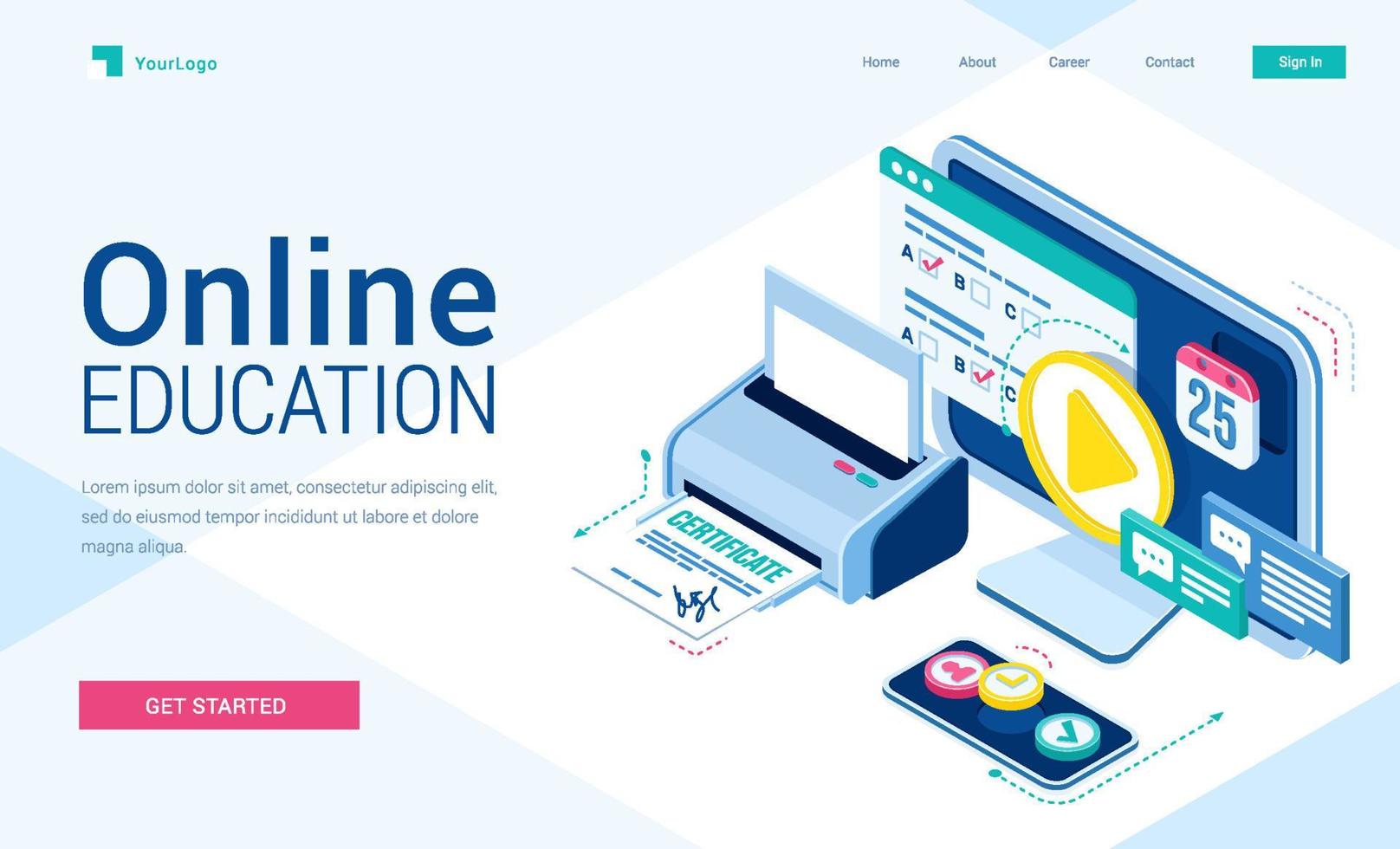 Online education isometric landing distant courses vector