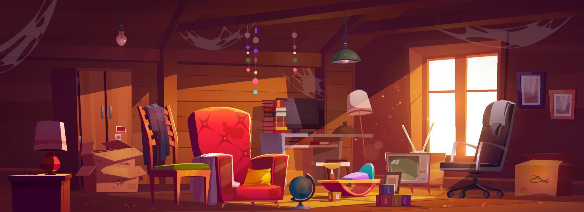 Abandoned attic room with old things, spider webs vector
