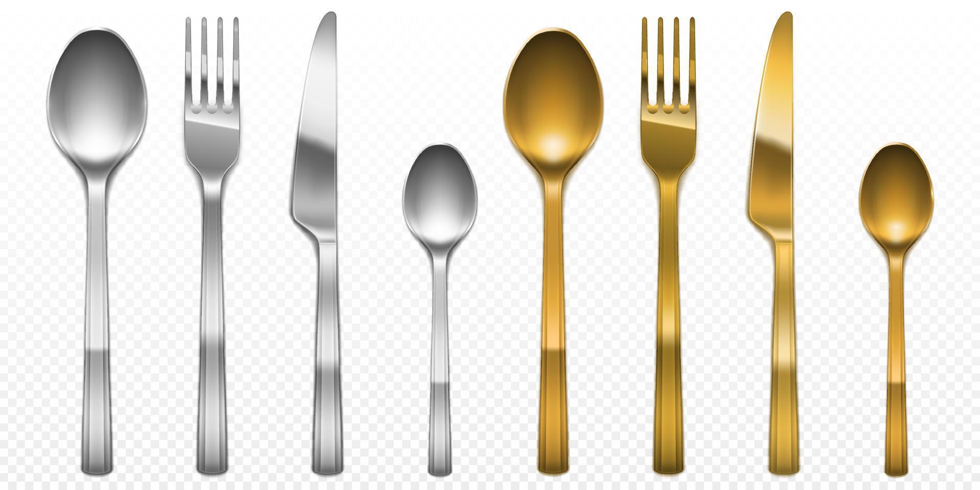 3d cutlery golden and silver fork, knife and spoon vector