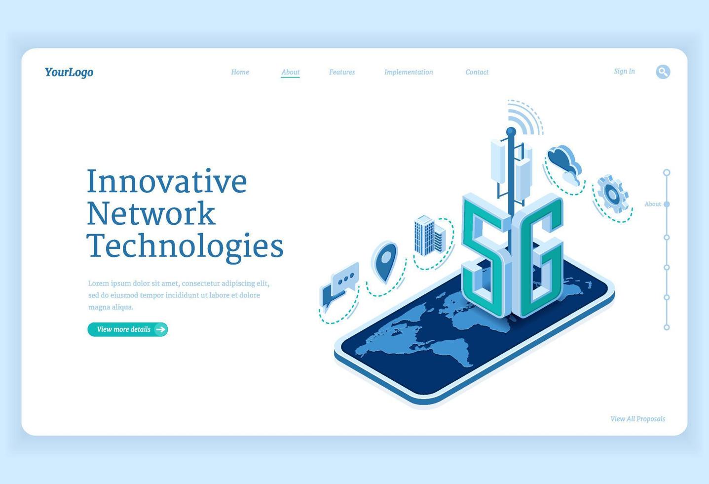 Página de inicio isométrica de tecnologías de red 5g. vector