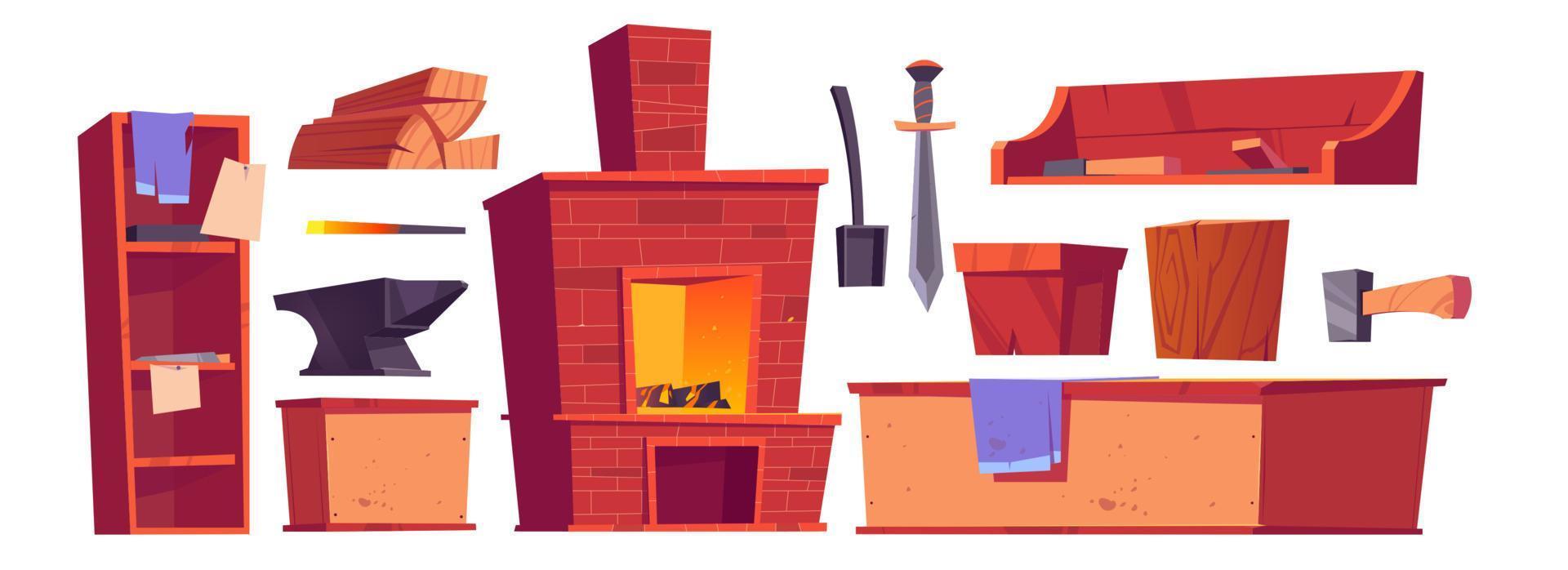 Forge blacksmith stuff and furniture isolated set vector