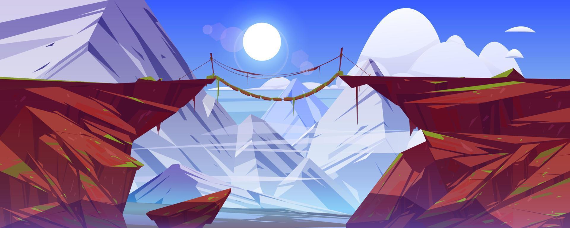 Bridge between mountains hang above cliff gap vector