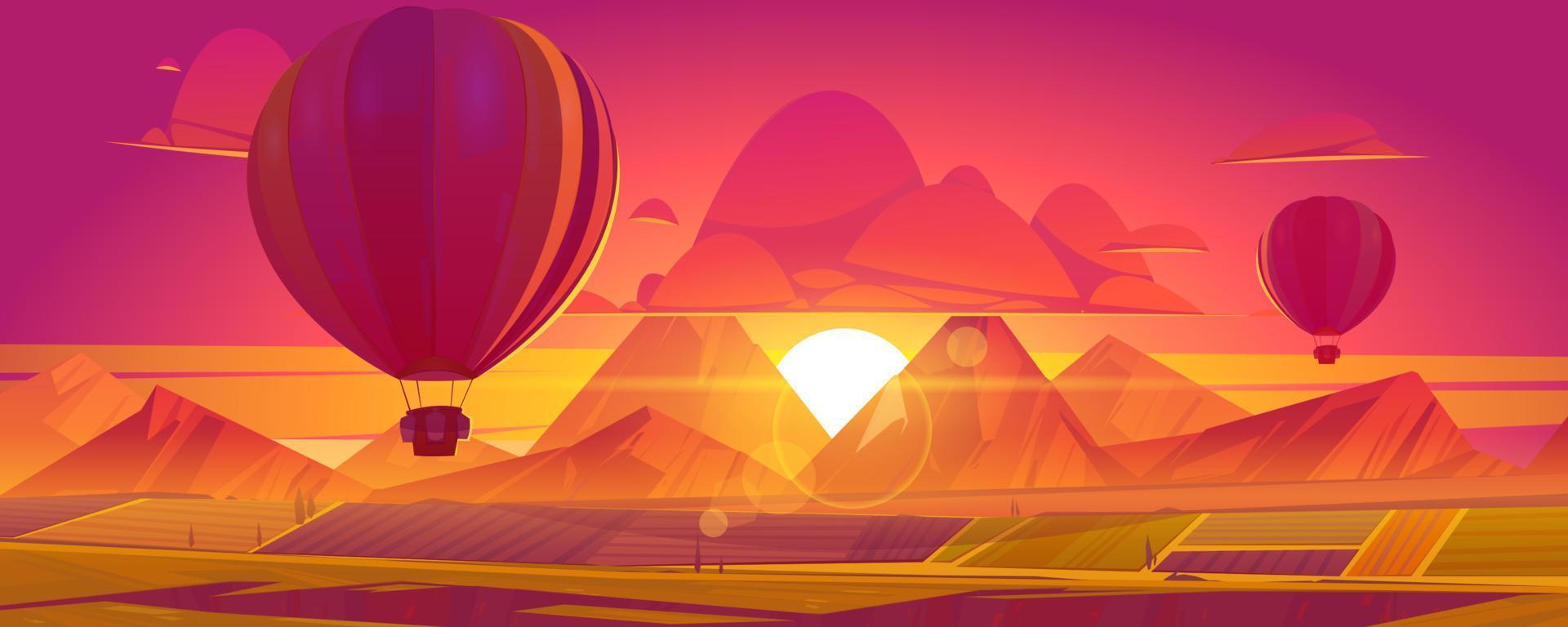 Hot air balloons flying above fields and mountains vector