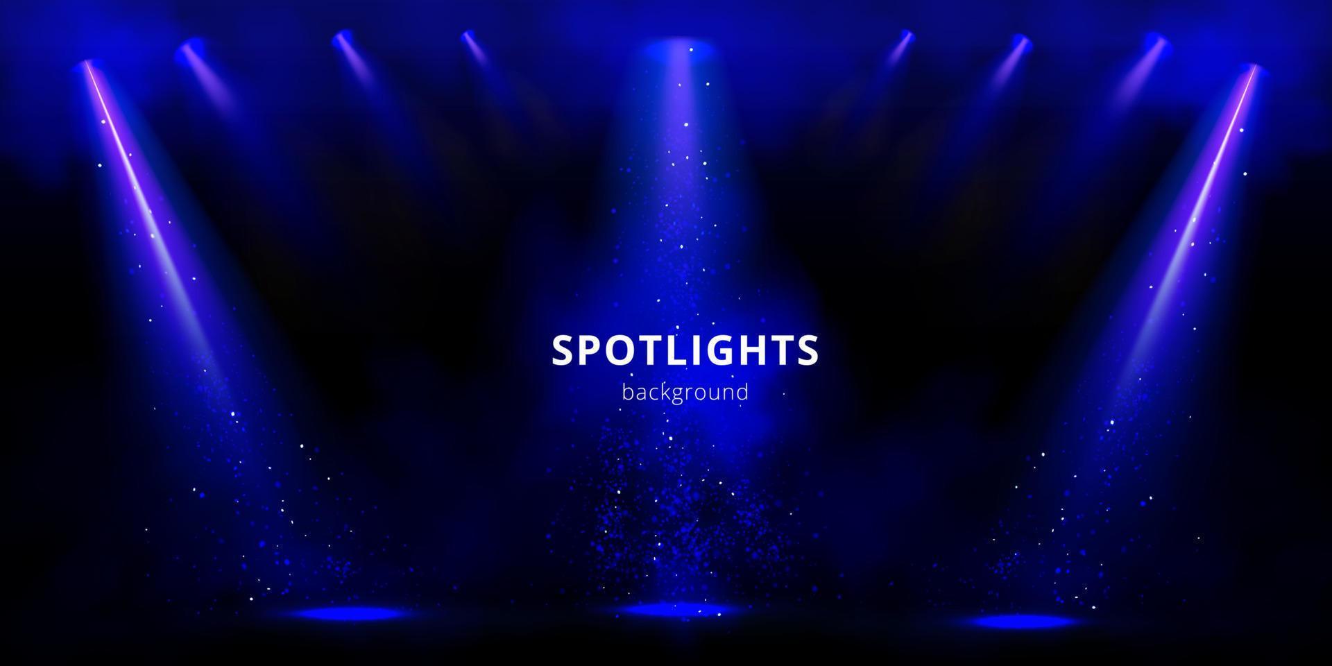 Spotlights background, blue stage light beams vector