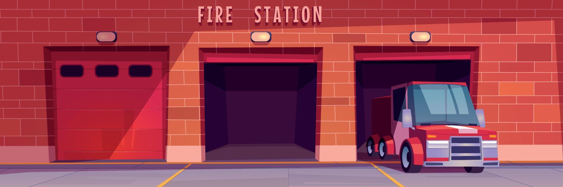 Fire station garage with red truck leaving box vector