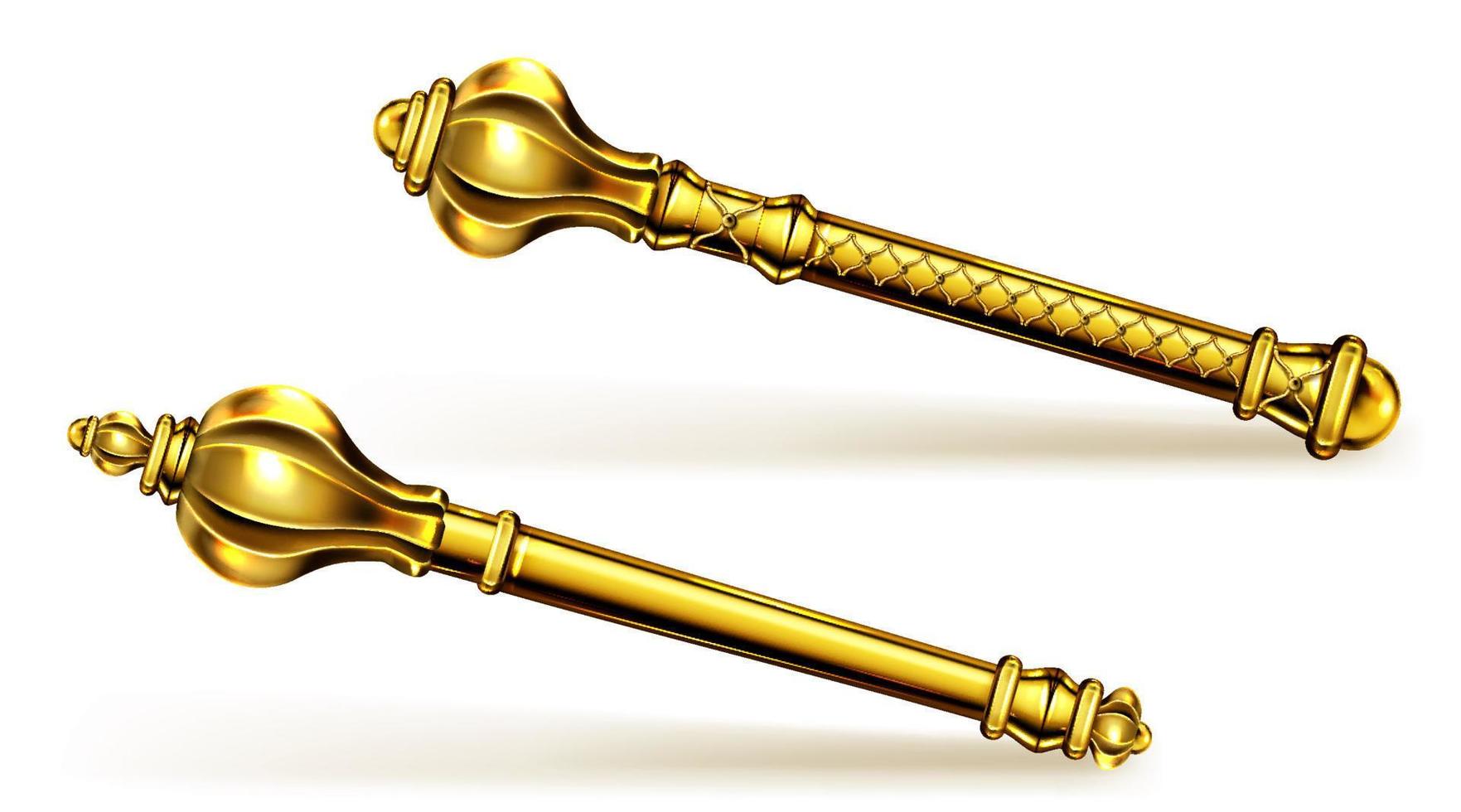 Golden scepter for king or queen, royal wand. vector