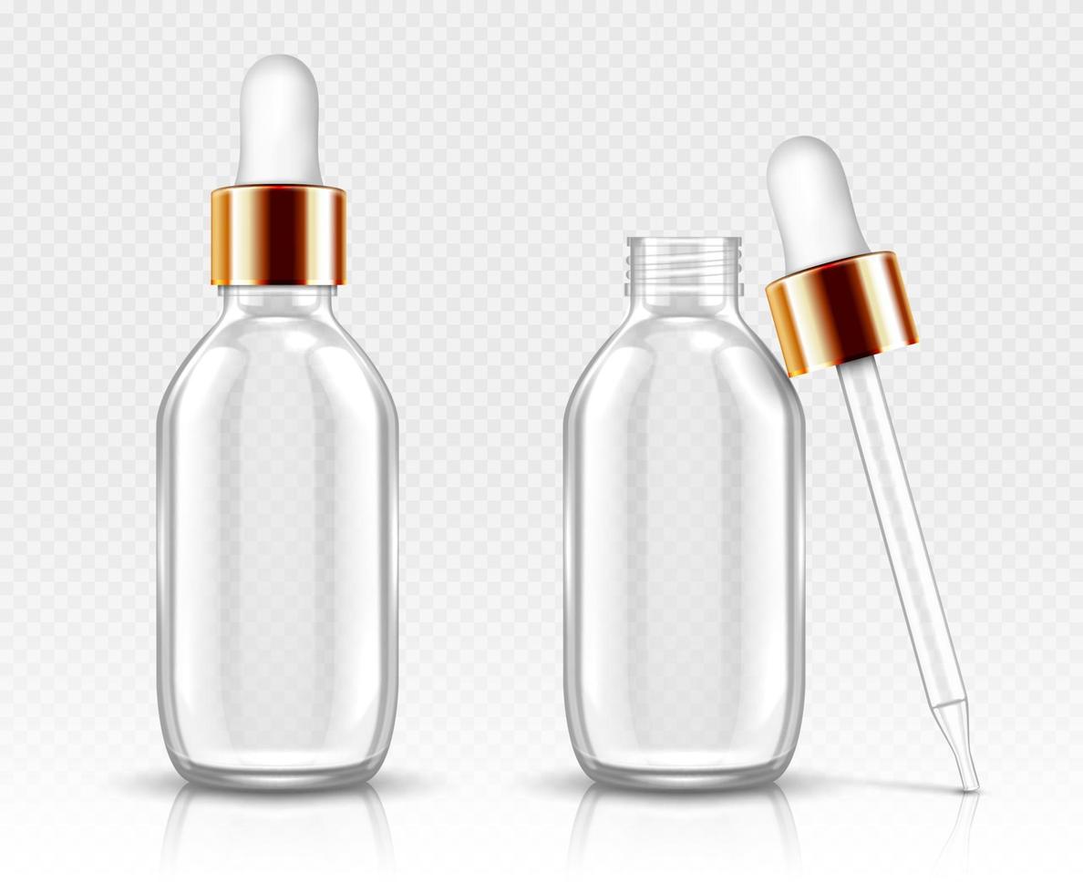 Glass bottles with dropper for serum or oil mockup vector