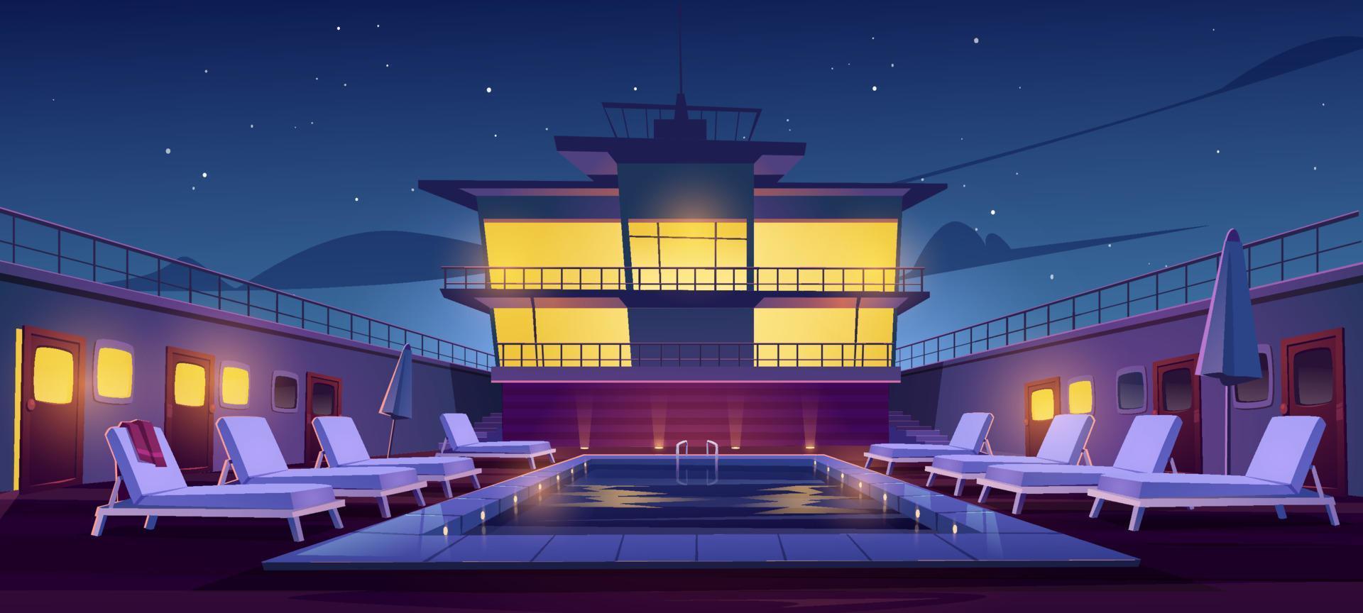 Swimming pool on cruise liner at night, ship deck vector