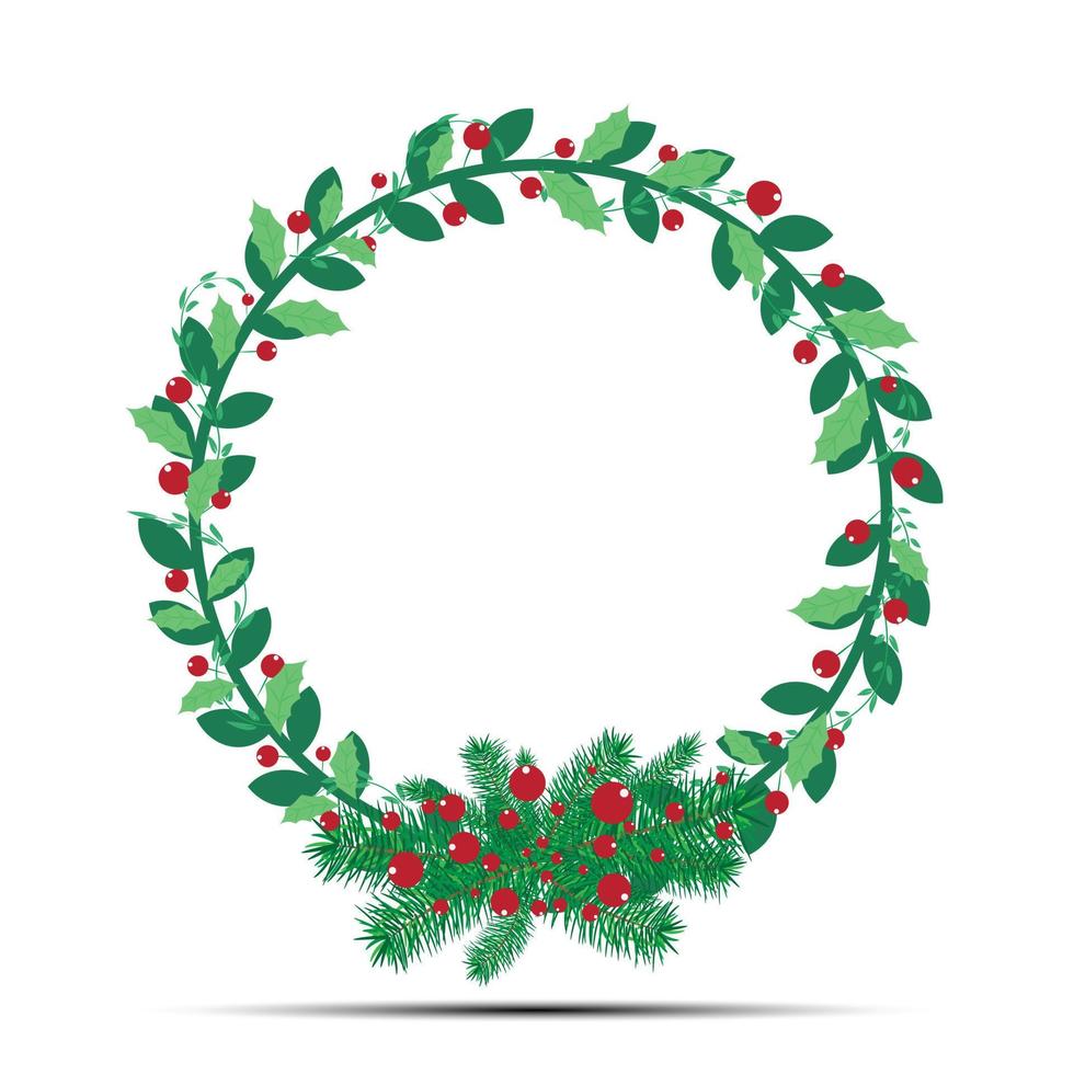 New year and Christmas wreath. Traditional winter with red holly berries on evergreen green branches, isolated on white background. Greeting card. Happy xmas vector retro holiday design