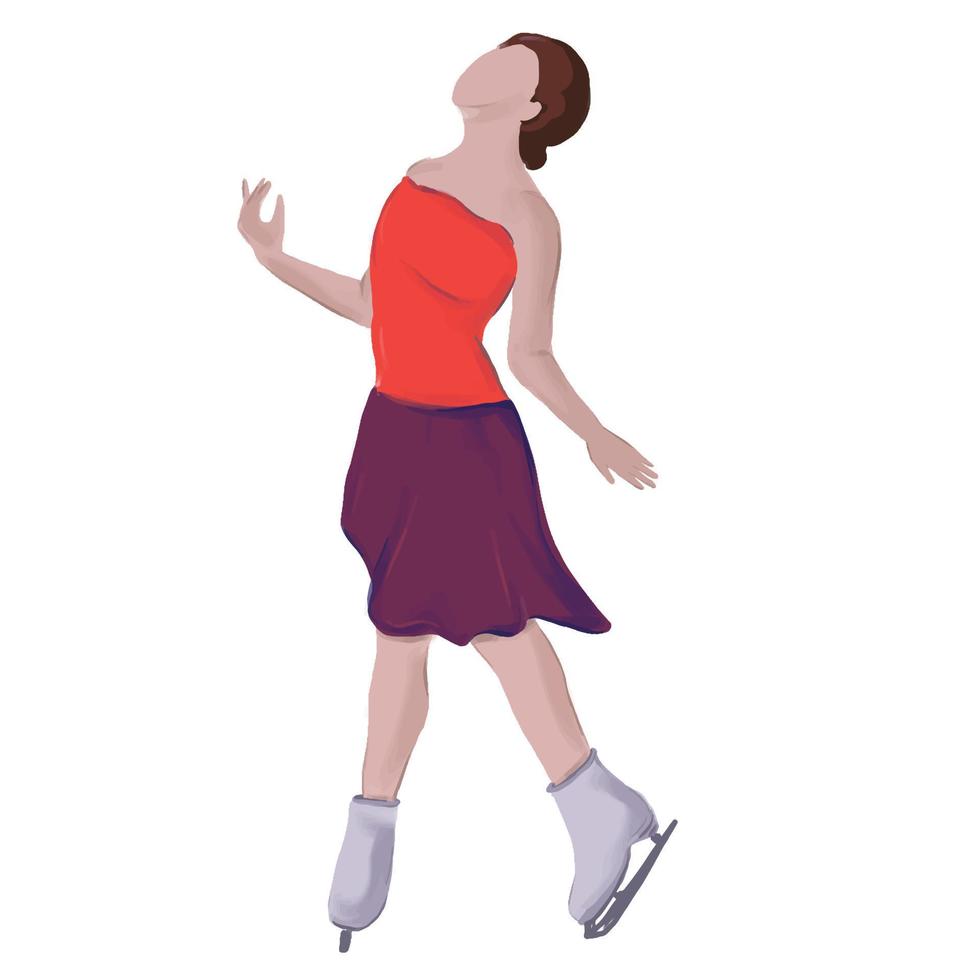 figure skater girl in short Red dress skating vector Illustration on a white background