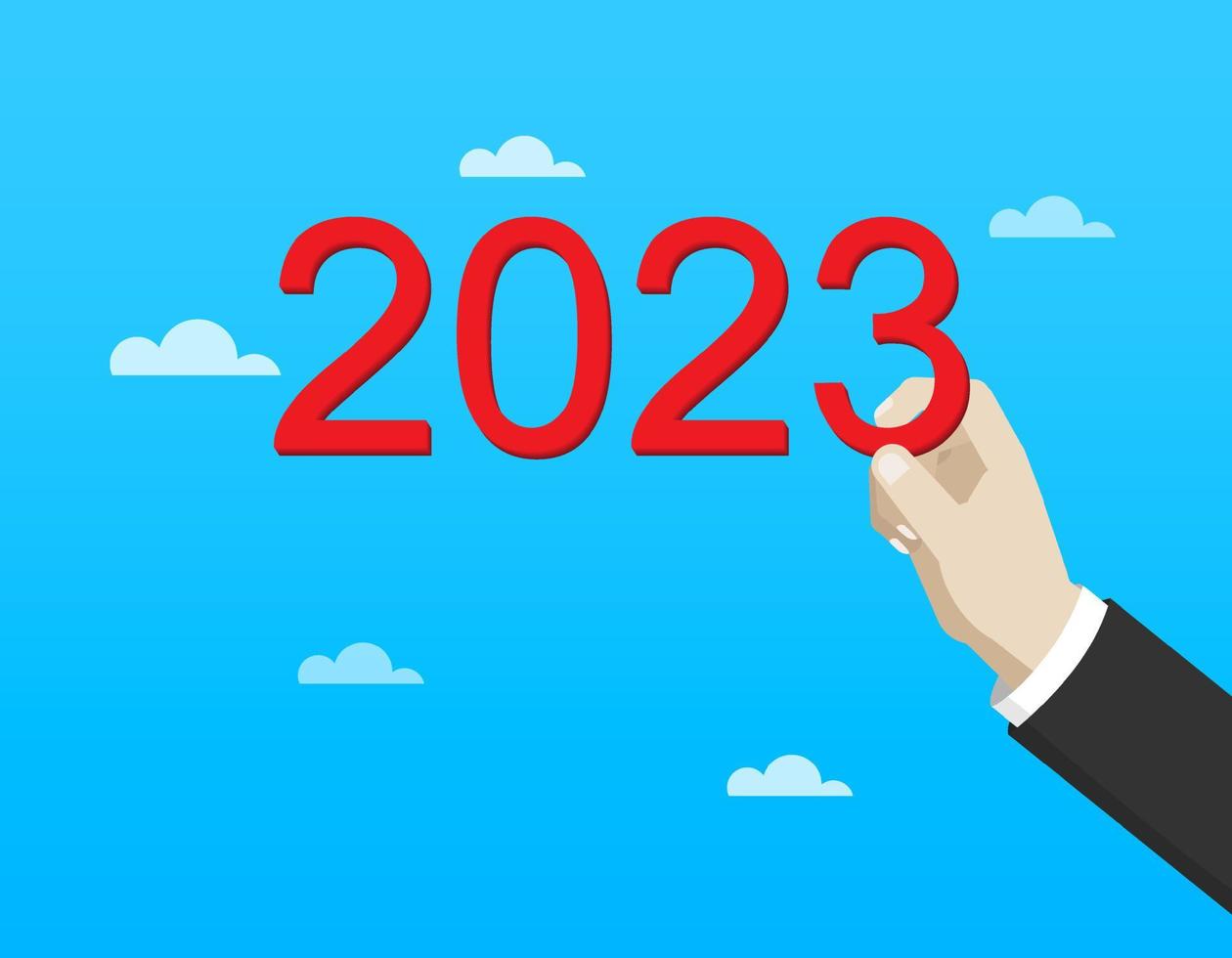 mano de hombre de negocios con el número 2023. éxito del objetivo comercial, objetivo de inversión del año nuevo 2023, desafío de marketing, estrategia financiera, logro del propósito, idea de enfoque, concepto de comunicación corporativa. vector