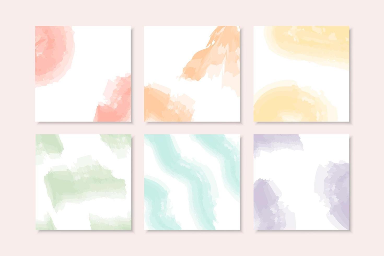 Set of minimalist design background in soft rainbow pastel color. Square abstract brush watercolor banner template for social media post, cover, poster, gift card, brochure, flyer, invitation, placard vector