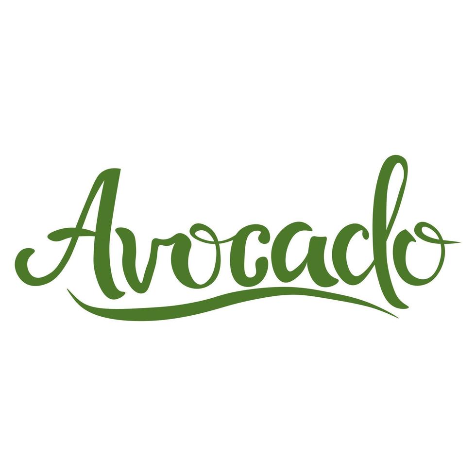 The word Avocado is written in a beautiful handwritten font in green. eco product. vector