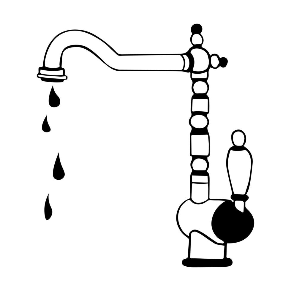 An illustration of an elegant, fashionable water tap in the style of doodles in vector. Dripping water. vector