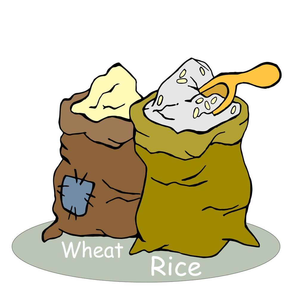 Two bags of rice and wheat with scoop, ladle. Problems with grain supplies. High prices, embargoes, the global food crisis. vector