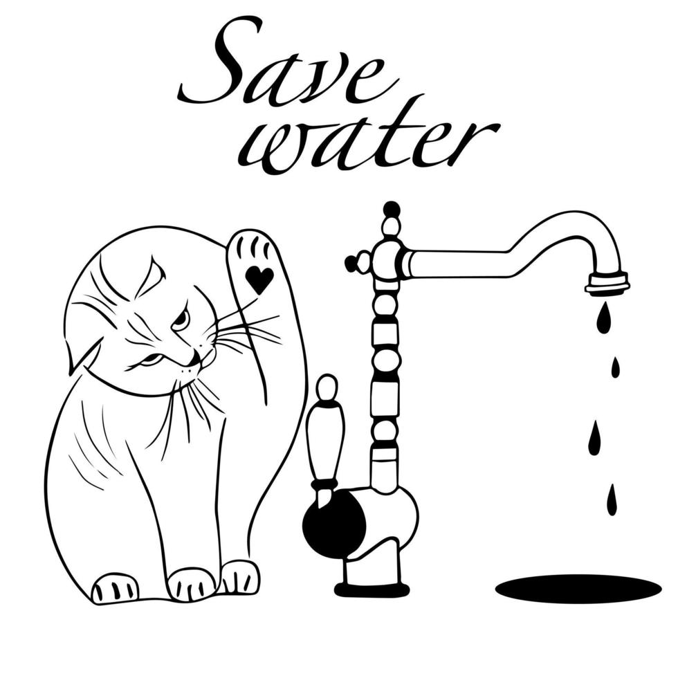 The concept is save water resources. The cat closes the tap with running water with its paw. Dripping water. Illustration of dripping water tap in the style of doodles in vector