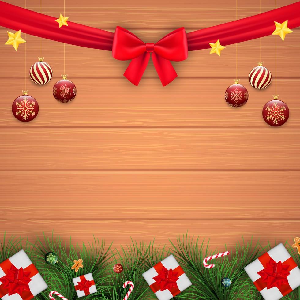 Merry Christmas and happy new year and empty frame on wood background. Merry Christmas with fir branches and gift box, Christmas ball. Christmas and new year background. Vector illustration