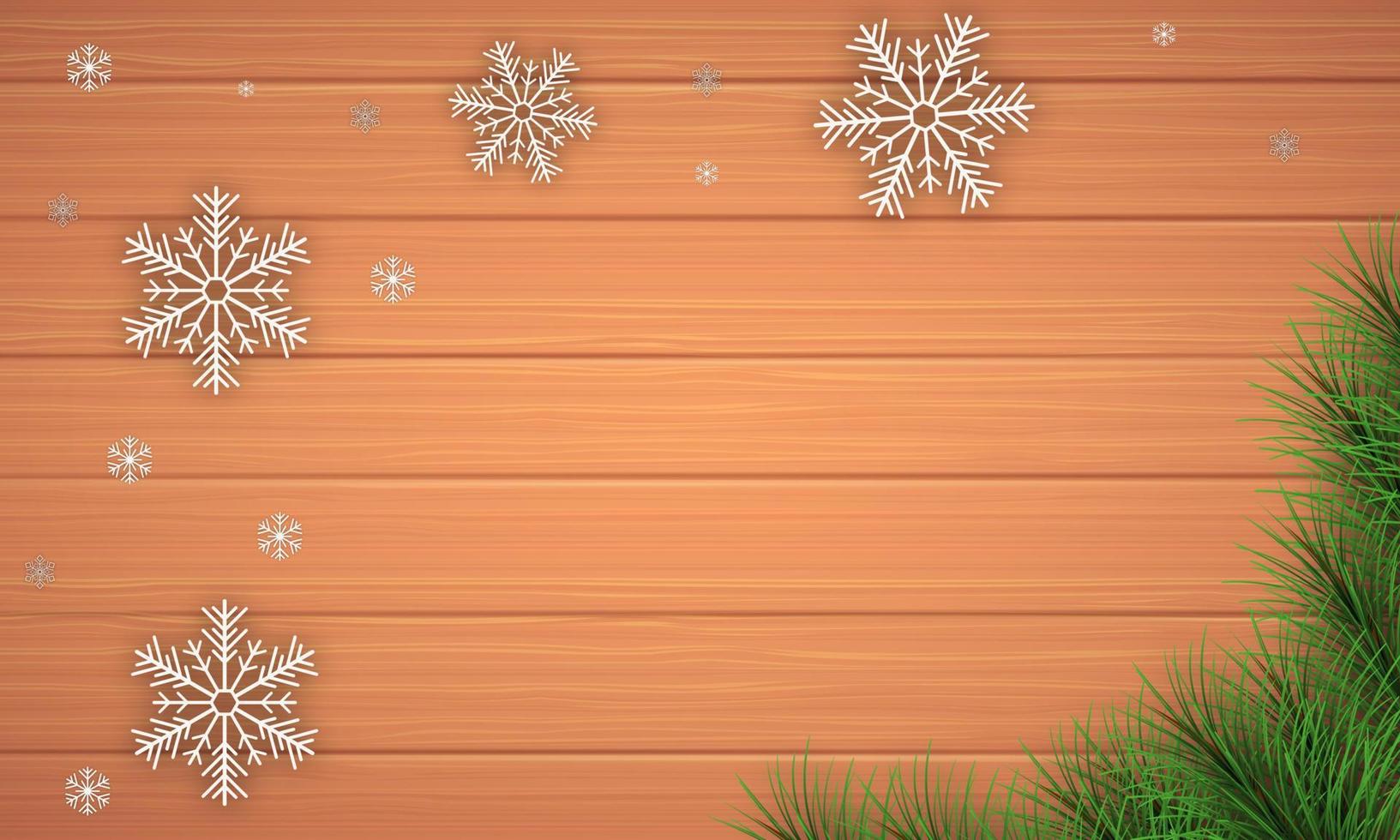 Merry Christmas holiday and happy new year and empty frame on wood background. Merry Christmas with snowflakes and fir branches. Christmas and new year background. Vector illustration.