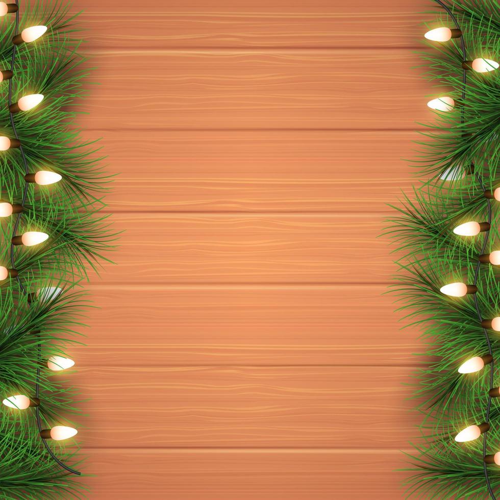 Merry Christmas and happy new year and empty frame on wood background. Merry Christmas with fir branches and Christmas lights. Winter holiday Christmas and new year background. Vector illustration