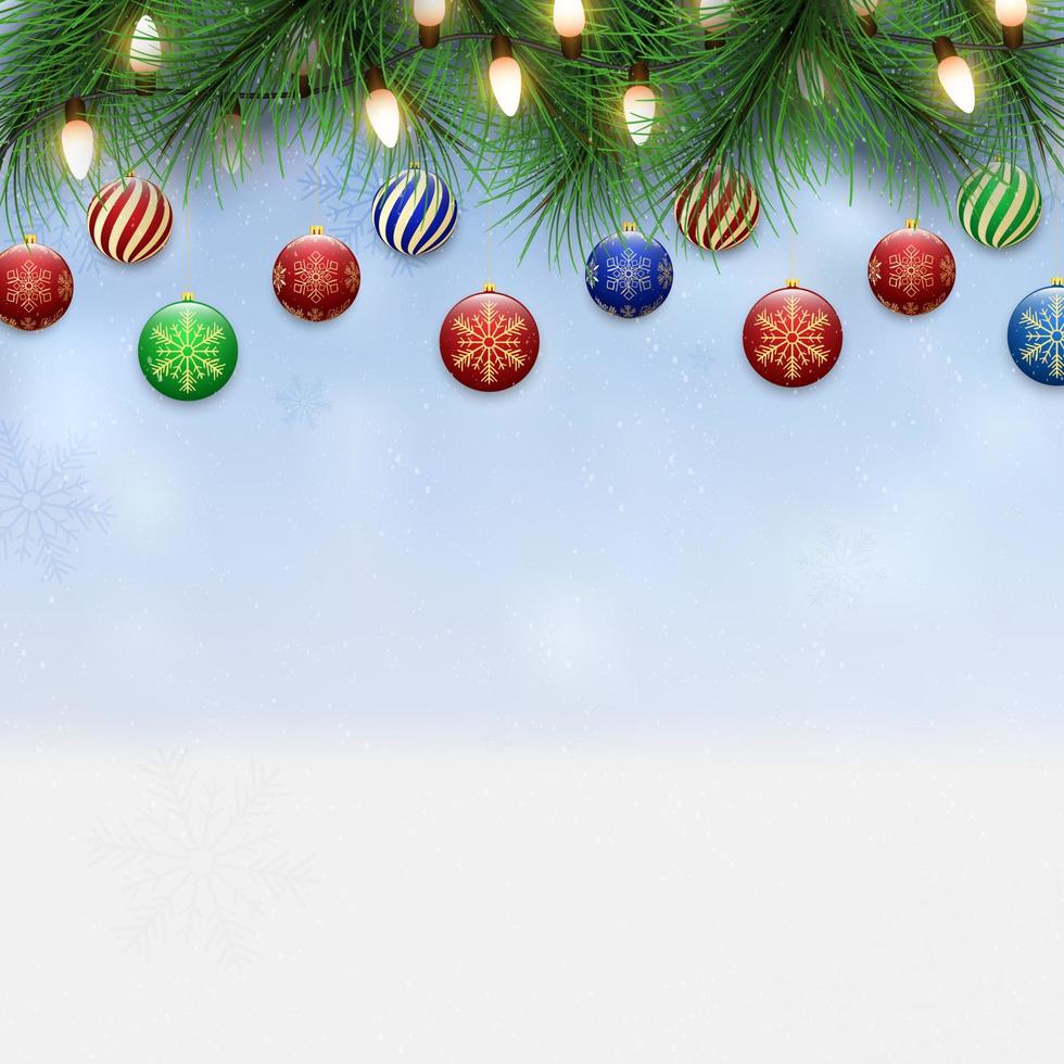 feliz navidad y feliz año nuevo en el fondo de invierno. feliz navidad con ramas de abeto. Bola navideña. fondo de vacaciones de invierno navidad y año nuevo. ilustración vectorial vector
