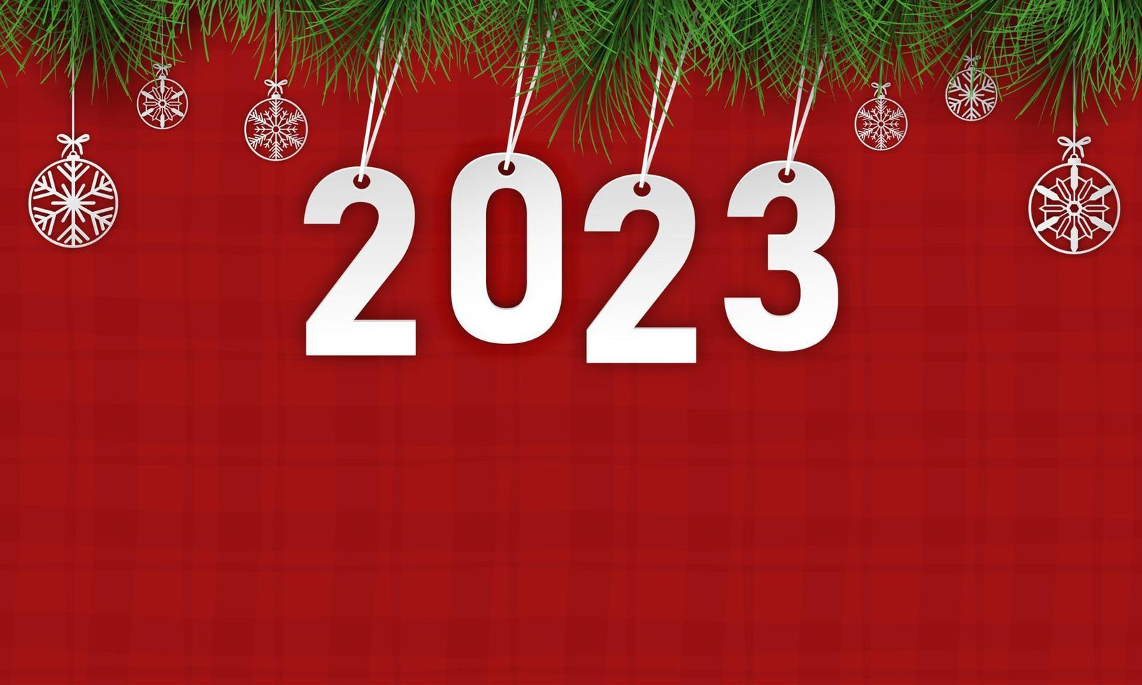 Merry Christmas and happy new year paper cut concept. Christmas and happy new year 2023 and snowflakes, fir branches paper cut concept on red background. Vector illustration. Paper cut and craft style