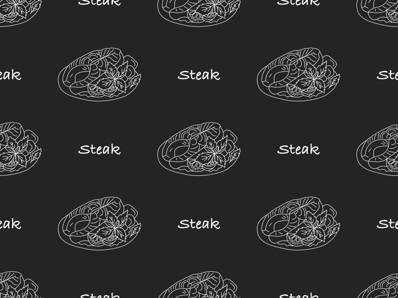 Steak cartoon character seamless pattern on black background vector
