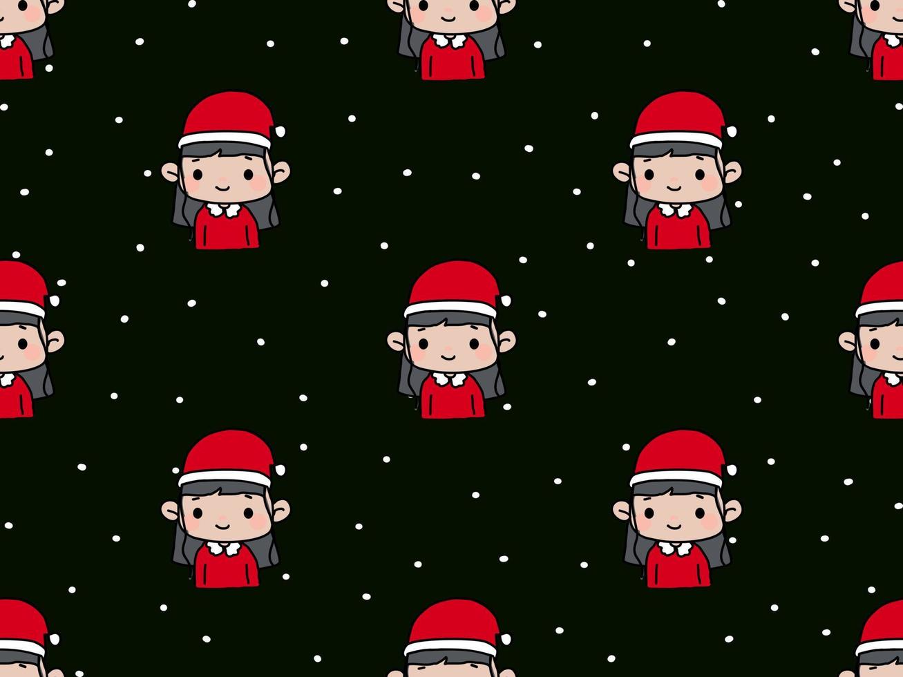 Girl Christmas cartoon character seamless pattern on black background vector