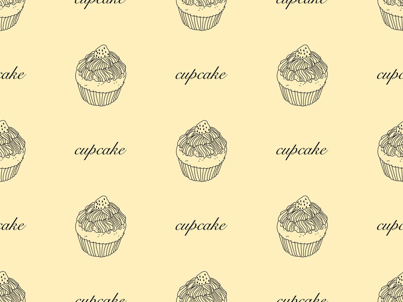 Cupcake cartoon character seamless pattern on orange background vector