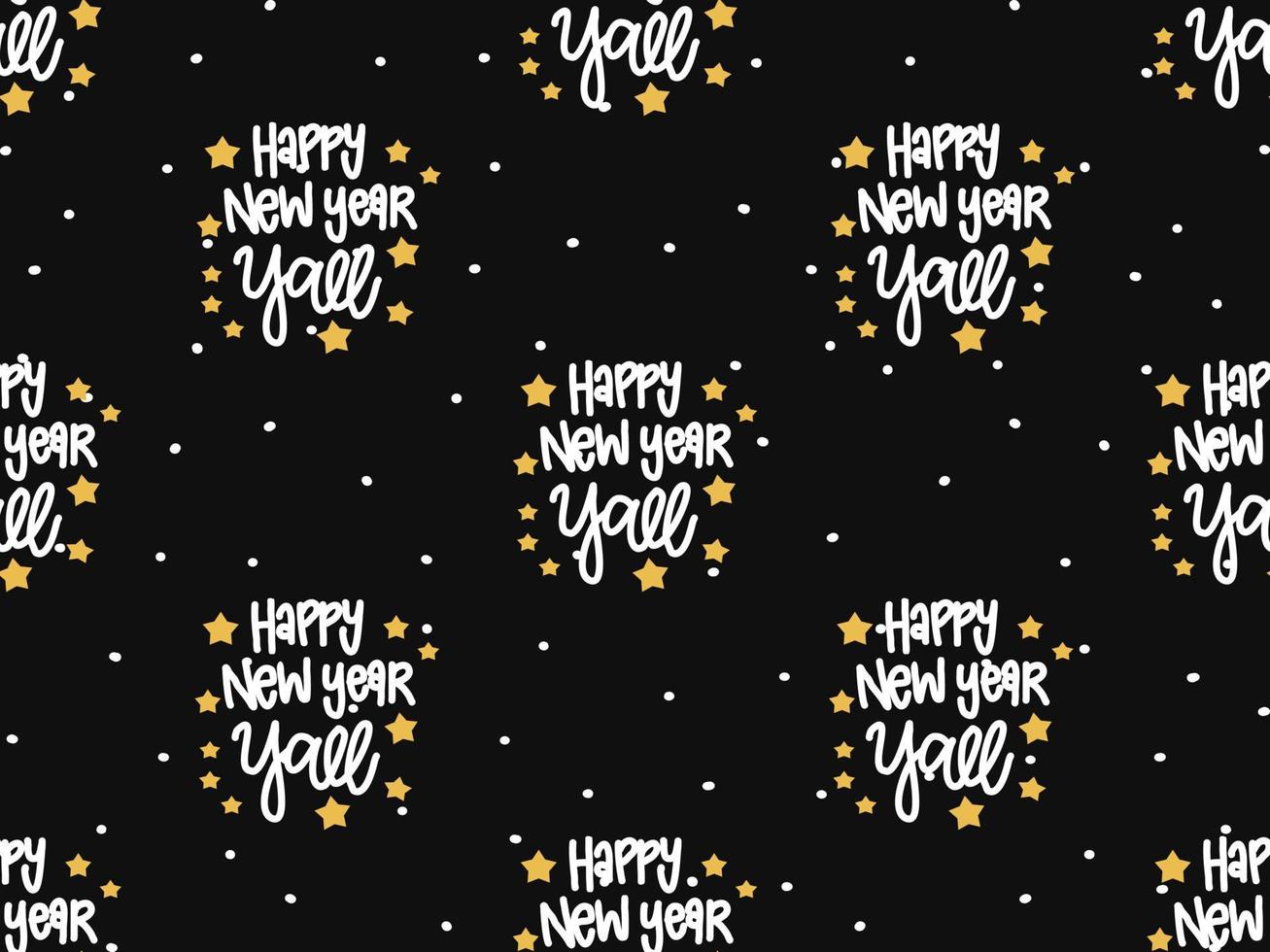 Happy New Year cartoon character seamless pattern on black background vector