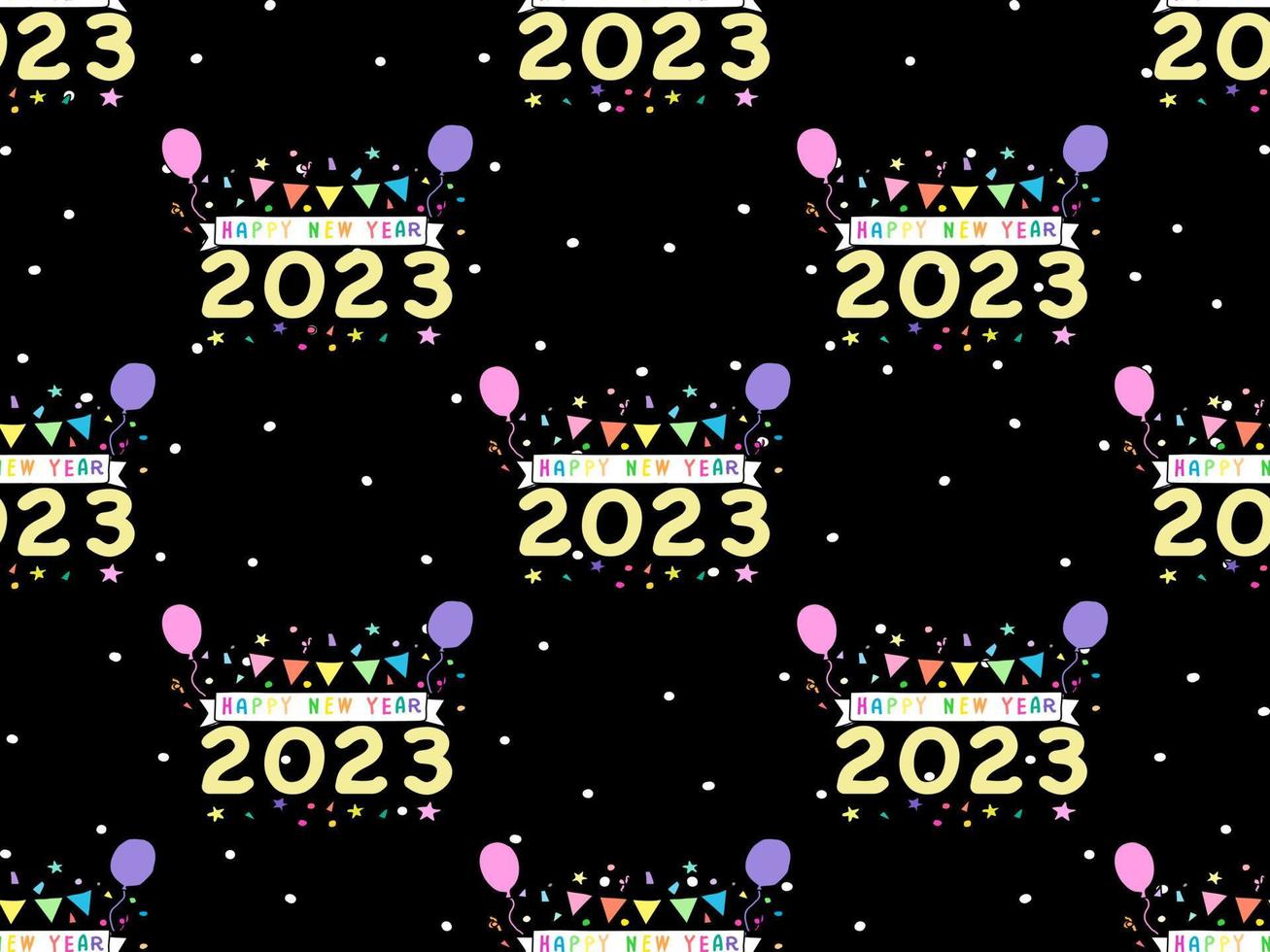Happy New Year cartoon character seamless pattern on black background vector