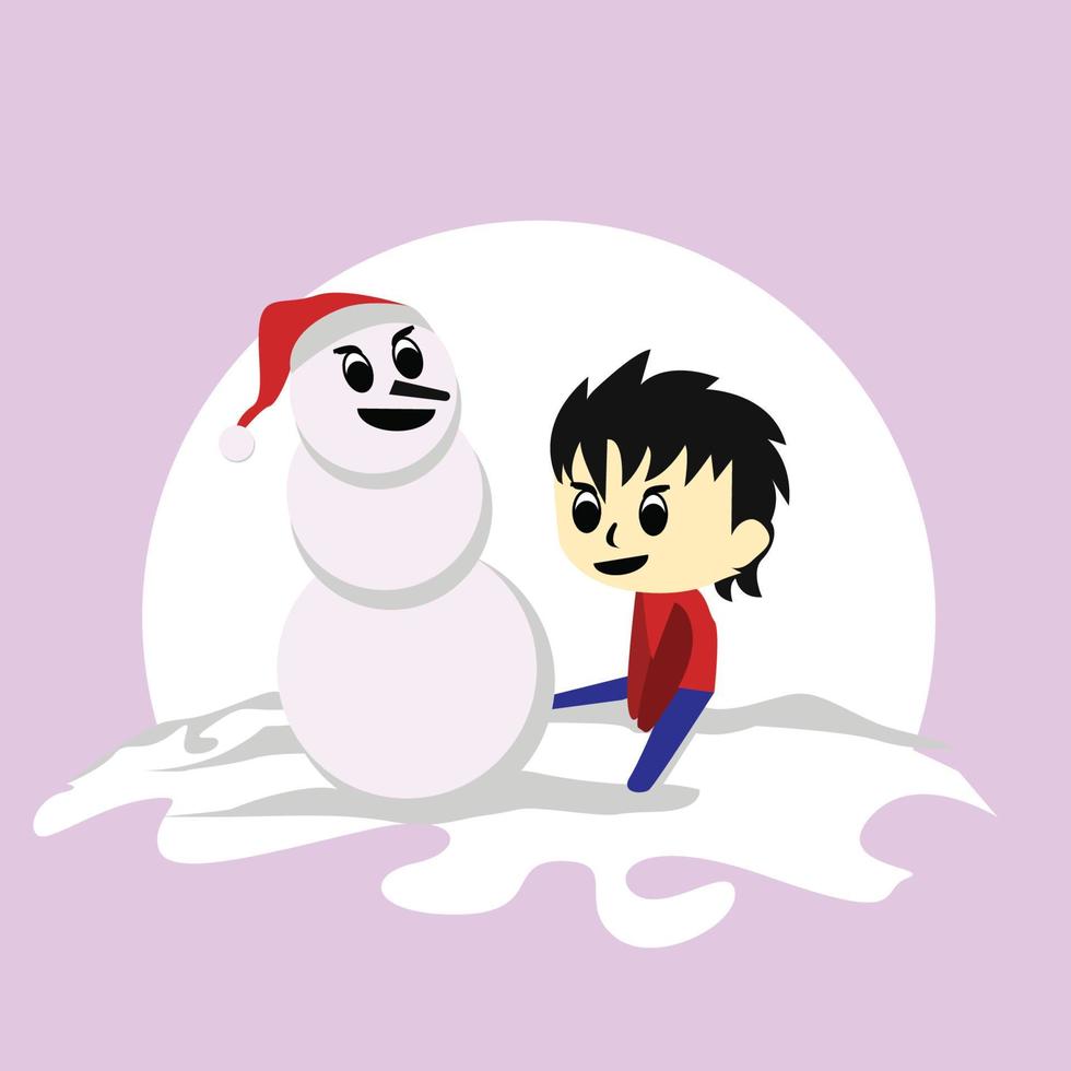 niños jugando con muñeco de nieve en invierno simple vector