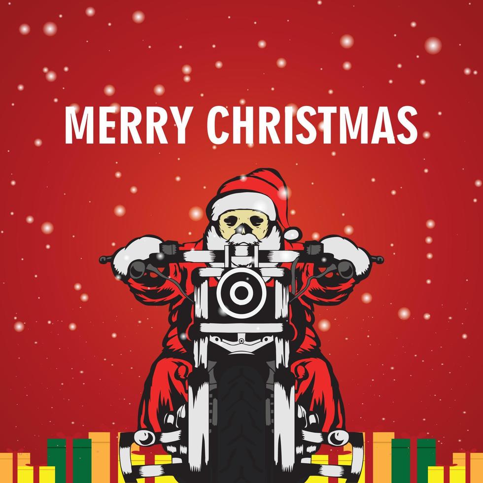 Santa riding motorcycle vector design.Claus delivering christmas and New Year gifts on motorbike.