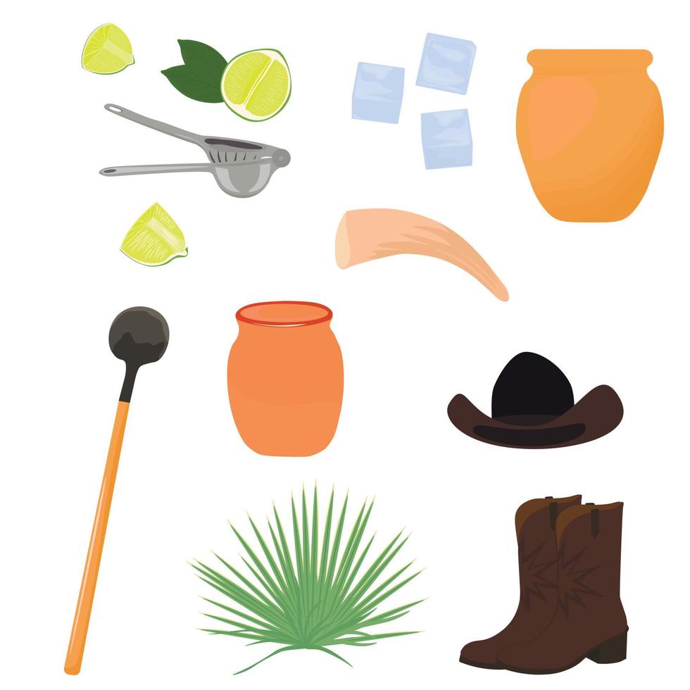 A set for making Moskal, tequila. Blue agave for tequila production. vector stock illustration. Isolated on a white background.