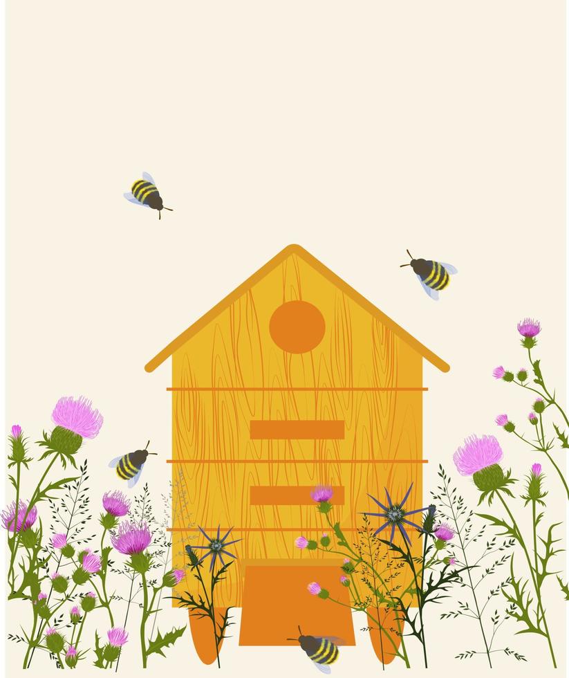 Bee hive in the meadow vector stock illustration. Wildflowers and bees. Postcard. Honey cover logo. Spring, medicinal herbs in the garden.