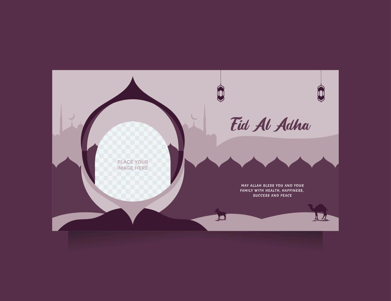 Eid al adha social media post and banner template with modern purple color. Greeting and promotion design islamic background with beautiful and unique mosque. Clean Template with image placeholder vector